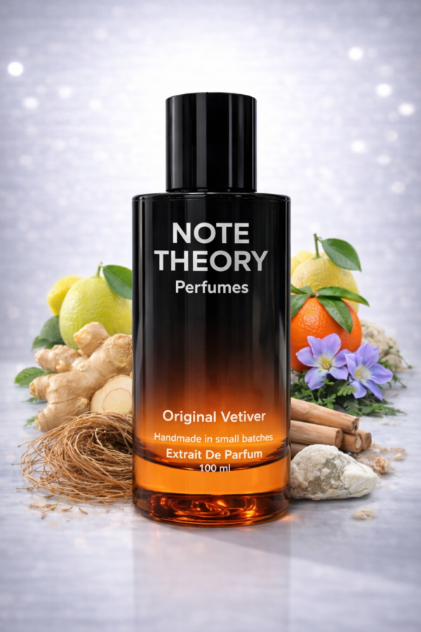 Note Theory Original Vetiver Perfume bottle with fresh green woody character